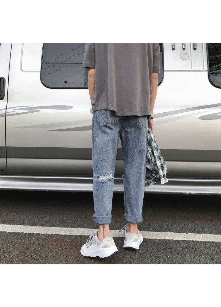 Boys' pants: Harajuku fashion jeans, Korean loose straight beggars' pants, summer holed Capris