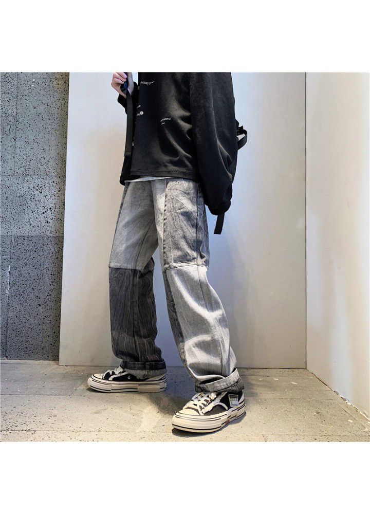 Autumn fashion brand ins splicing wide leg jeans men's Korean version straight tube loose youth trend casual pants