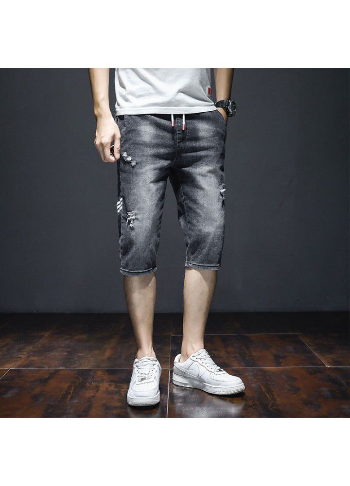 Men's Denim Shorts men's summer thin 7-point loose Harlan Korean fashion hole casual fashion brand pants