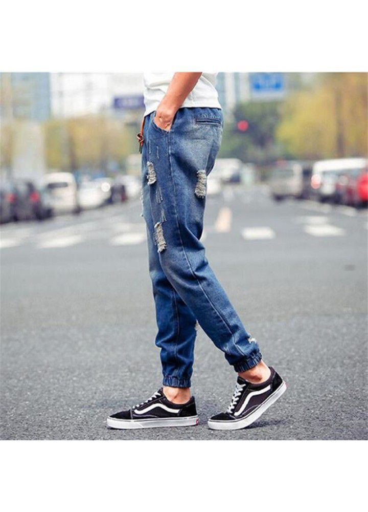 Wholesale spring and autumn men's small feet Korean version Harlan men's holed Leggings fashion men's baggy jeans