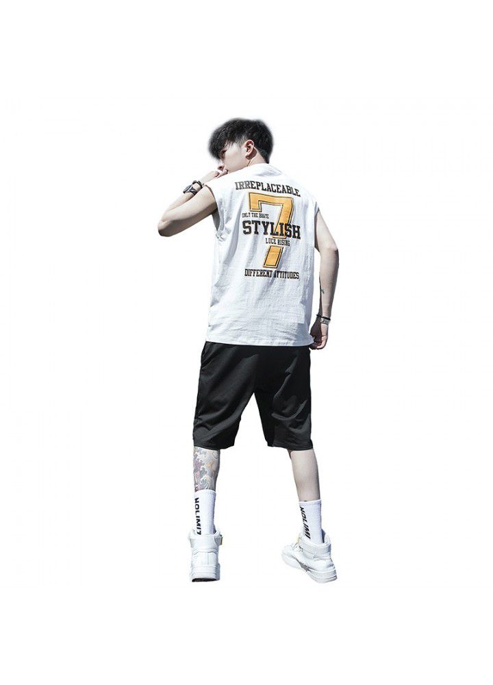2021 summer cotton casual suit men's national fashion thin round neck sleeveless vest T-shirt youth ball suit