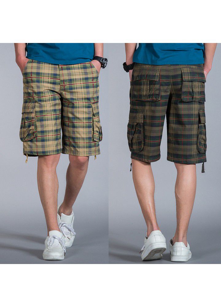 2021 summer men's large Capris straight large underpants Plaid beach breeches large casual pants