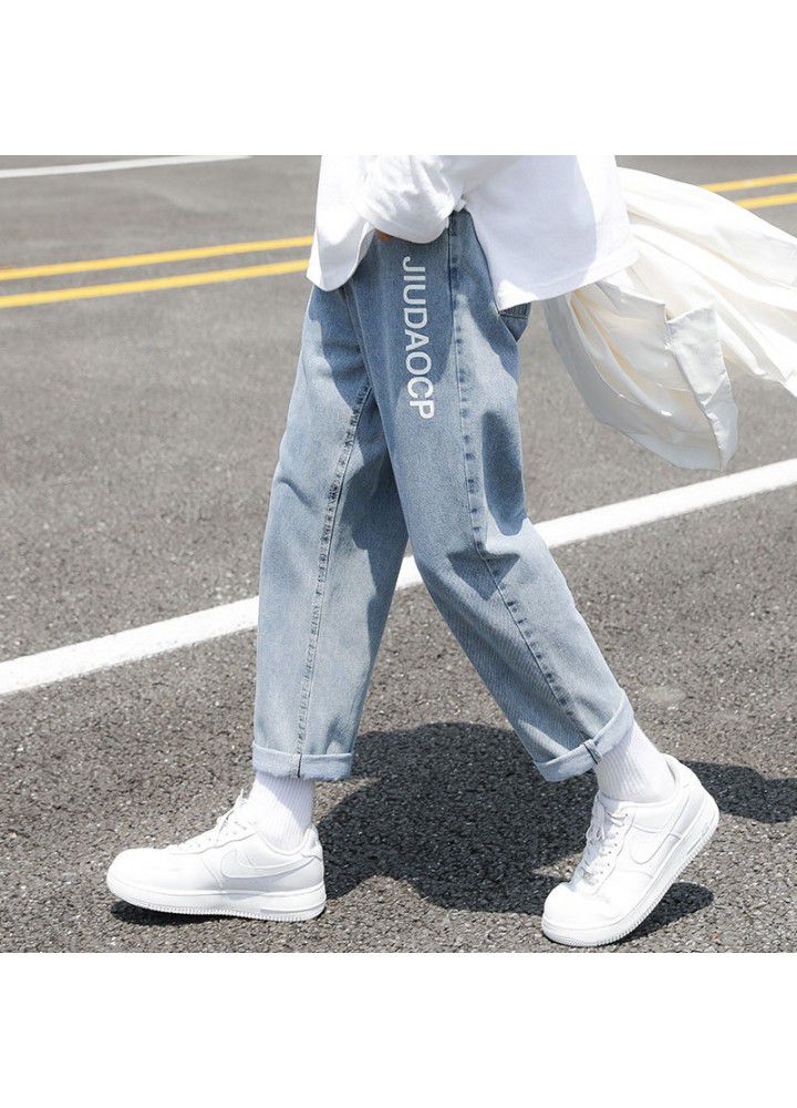 2021 autumn ordinary casual jeans in stock youth elastic free cotton blue mid waist Capris men's wide leg pants