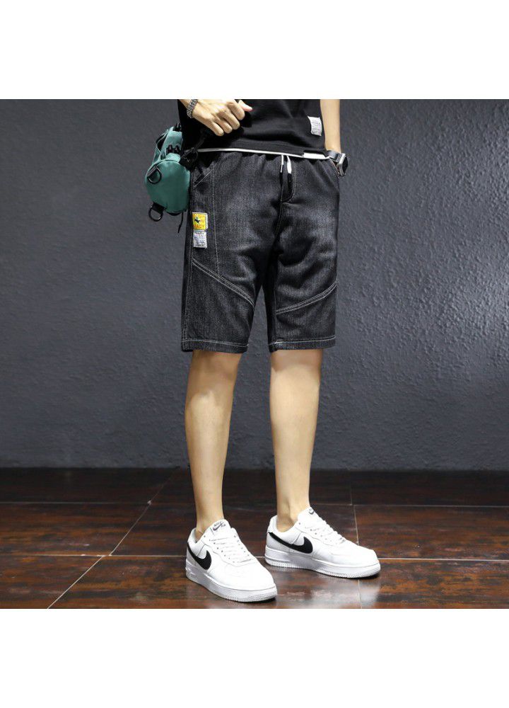 Stretch denim shorts men's trend 2021 fashion loose Capris middle pants men's waist drawstring trend horse pants