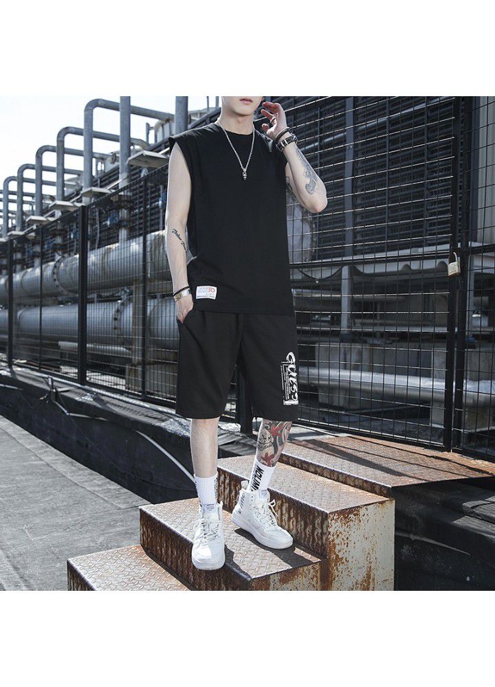 2021 summer cotton casual suit men's national fashion thin round neck sleeveless vest T-shirt youth ball suit