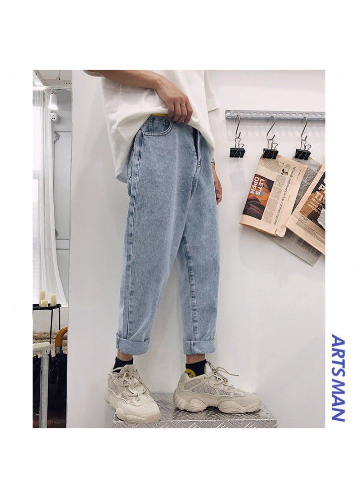 Spring and summer new nine point straight jeans, Korean fashion pants, men's loose casual wide leg pants