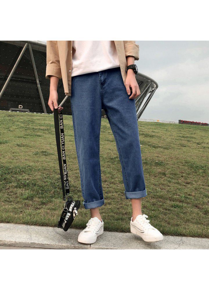 Foreign trade jeans for male students fashion brand spring and autumn retro Korean slim straight tube washing trend nine point pants for male students
