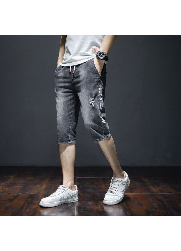 Men's Denim Shorts men's summer thin 7-point loose Harlan Korean fashion hole casual fashion brand pants