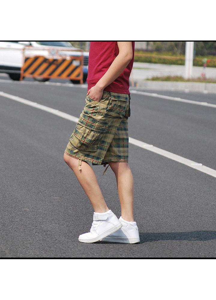 2021 summer men's large Capris straight large underpants Plaid beach breeches large casual pants