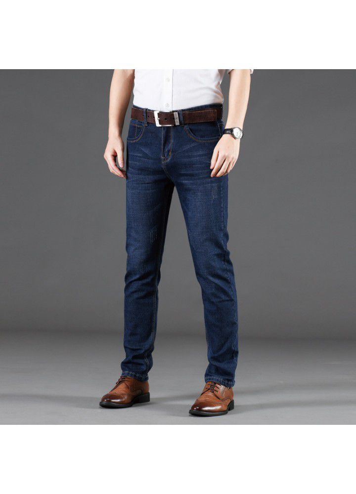 2021 new four seasons middle aged jeans men's high elastic slim loose straight pants denim one hair