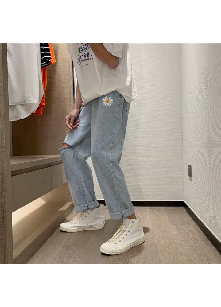Hole jeans men's Korean fashion loose and handsome wide leg summer fashion brand summer thin straight pants