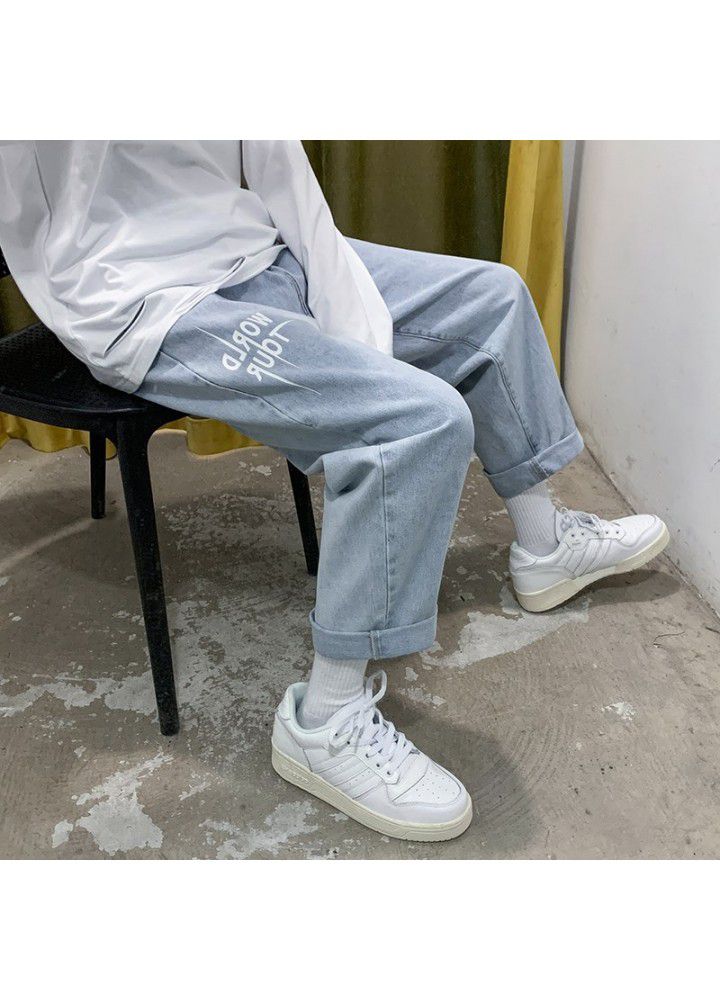 Jeans men's straight tube loose Korean fashion summer thin student pants men's wide leg pants