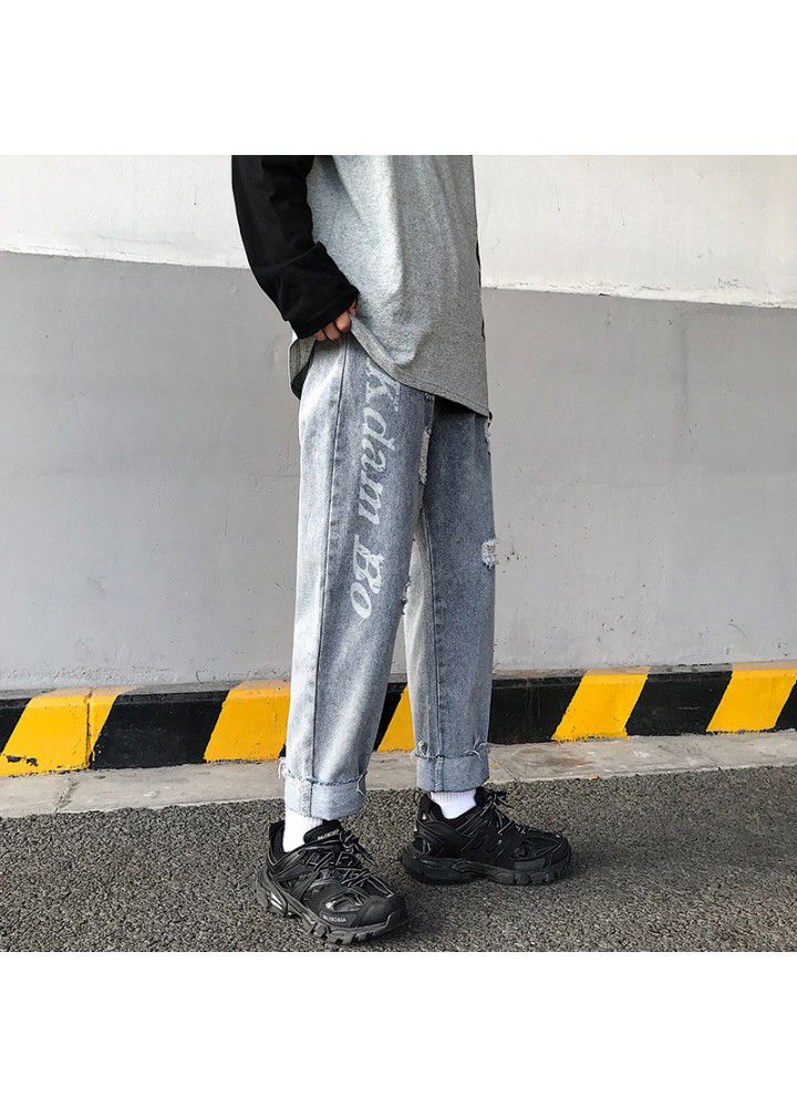 Autumn and winter new letter hole jeans Korean fashion brand casual Capris and trendy straight pants