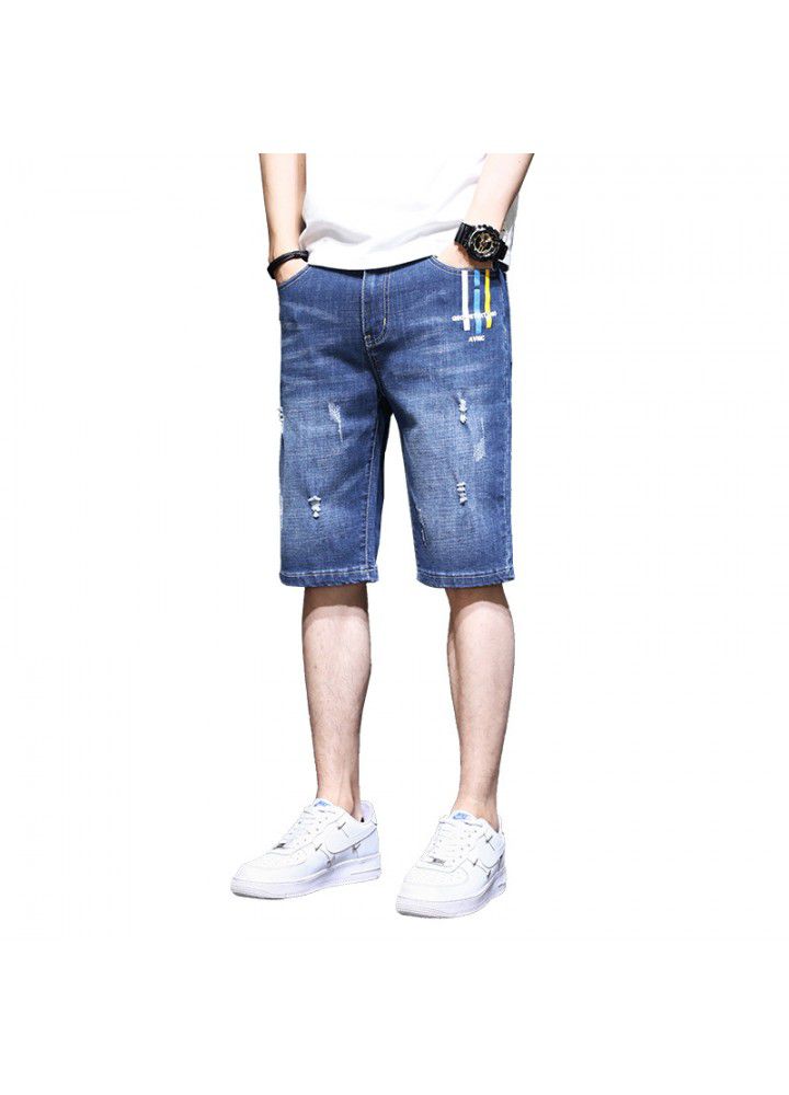Thin denim shorts men's Korean casual slim simple straight elastic denim pants men's fashion