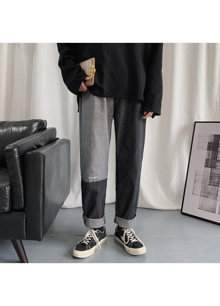 Hong Kong style color matching jeans men's fashion brand loose straight pants summer wide leg men's pants