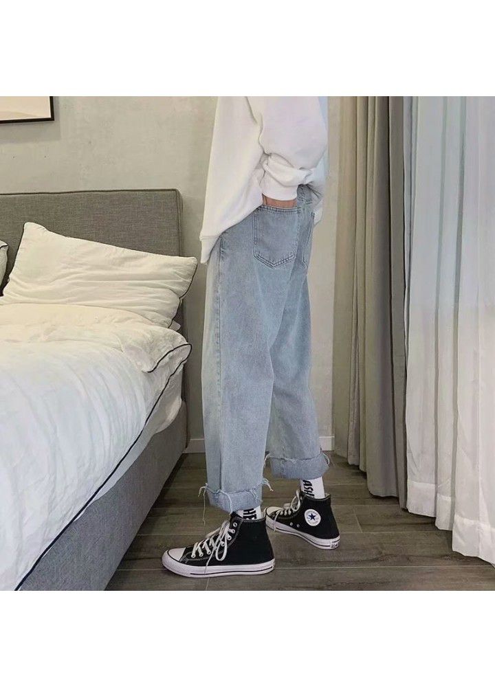 Fall feeling wide leg jeans in autumn and winter men's trendy brand loose teenagers straight tube daddy trendy quarter pants