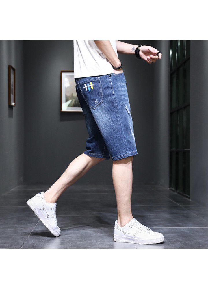 Thin denim shorts men's Korean casual slim simple straight elastic denim pants men's fashion