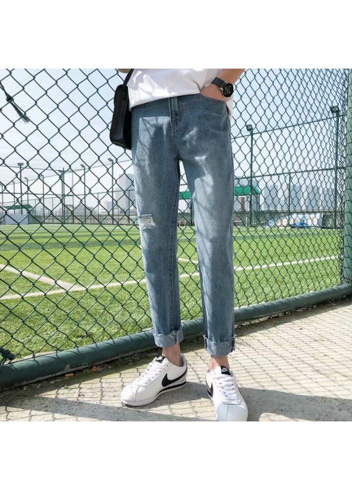 Men's hole straight Capris summer thin Korean fashion casual pants slim jeans
