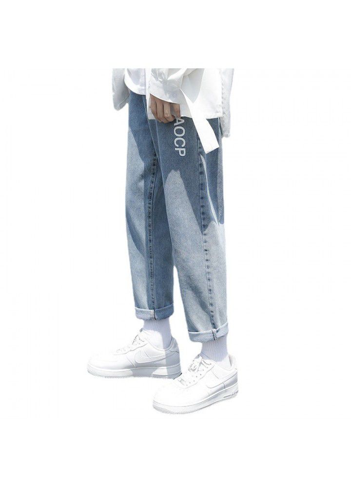 2021 autumn ordinary casual jeans in stock youth elastic free cotton blue mid waist Capris men's wide leg pants