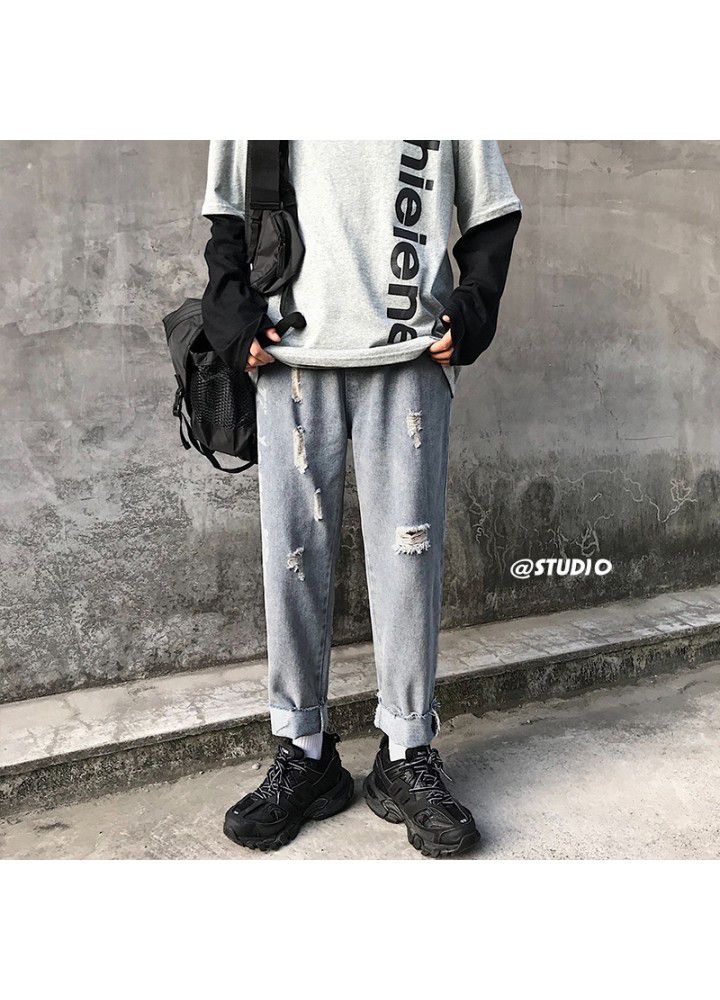 Autumn and winter new letter hole jeans Korean fashion brand casual Capris and trendy straight pants