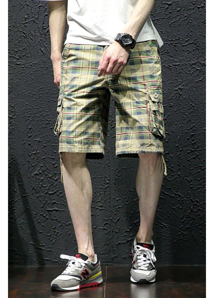 Cross border e-commerce hot selling summer new casual pants Plaid Multi Pocket overalls middle Pants Capris men's trendy pants