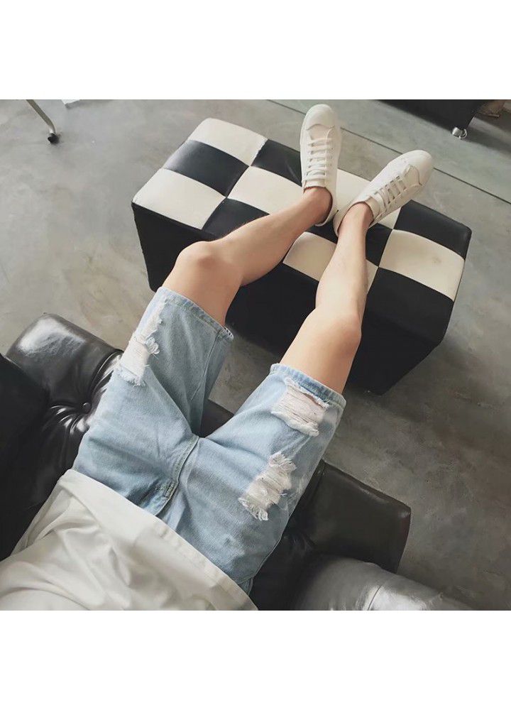 Men's denim shorts, 5-point pants, hole trend, personality, Korean slim pants, summer thin 5-point jeans