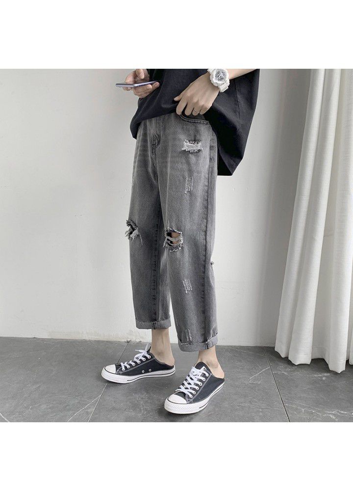 Net red perforated jeans men's Korean fashion loose straight jiufenchao pants summer thin