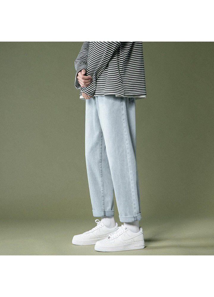 Men's jeans 2021 spring and summer thin wide leg pants Korean youth fashion loose casual quarter pants