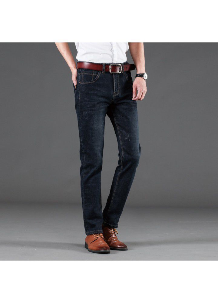 2021 new four seasons middle aged jeans men's high elastic slim loose straight pants denim one hair