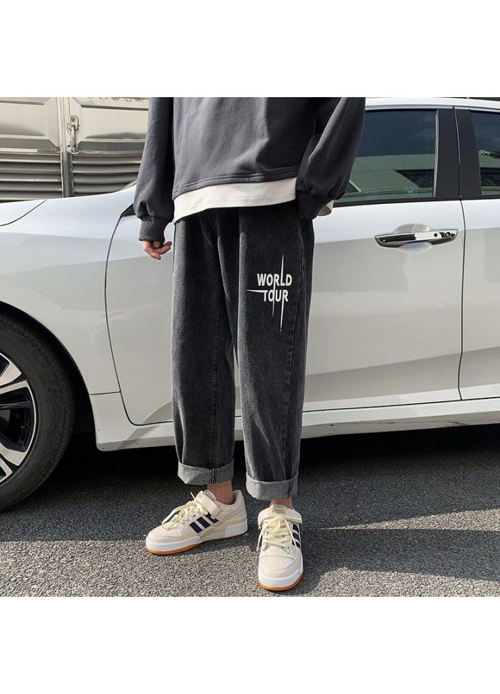 Jeans men's straight tube loose Korean fashion summer thin student pants men's wide leg pants