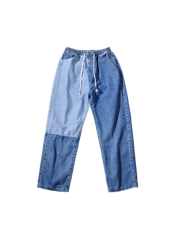 Hong Kong style color matching jeans men's fashion brand loose straight pants summer wide leg men's pants