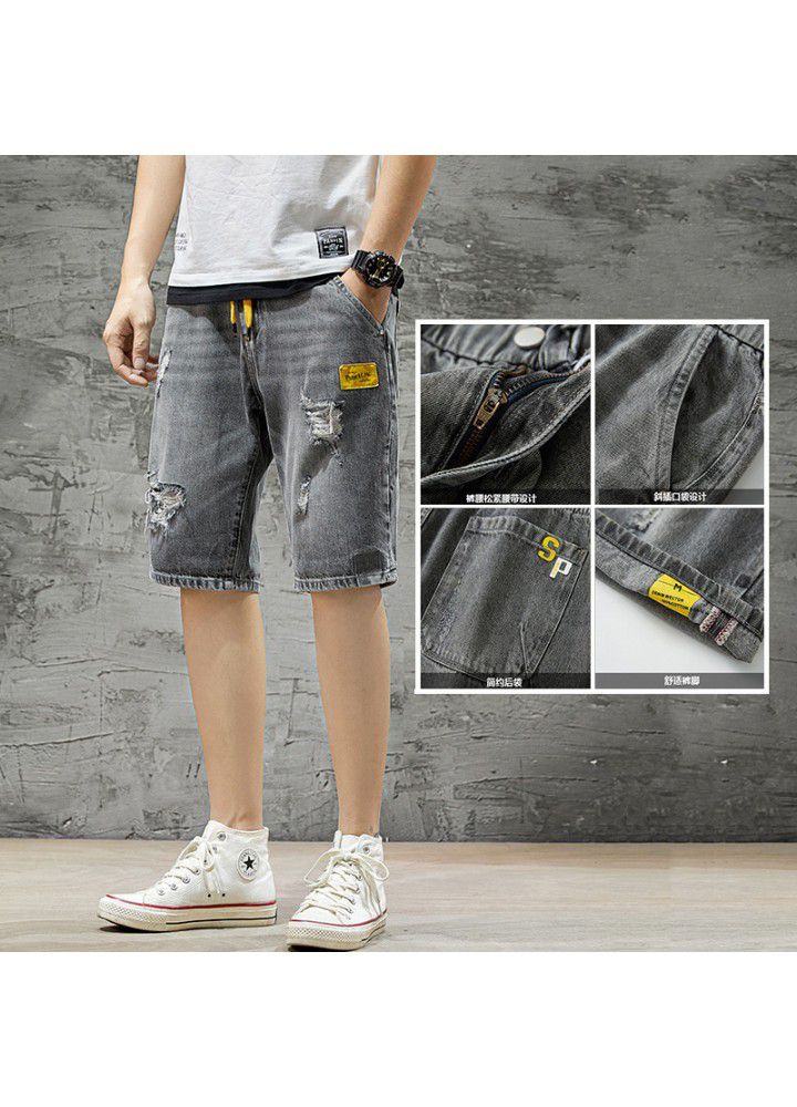 Summer denim shorts men's wear 5-point trend, holes, elastic waist, fashion brand, loose men's 5-point middle pants