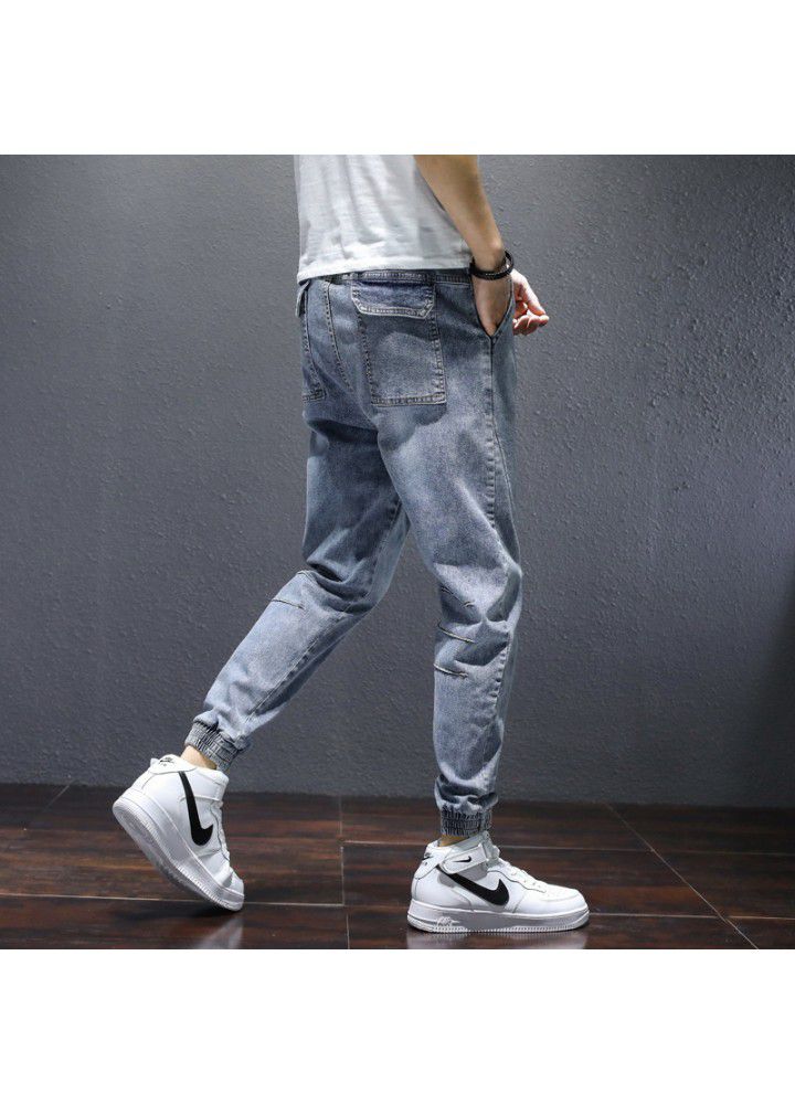 Korean fashion medium waist large size loose four seasons leisure fashion pants young men's lace up small leg jeans