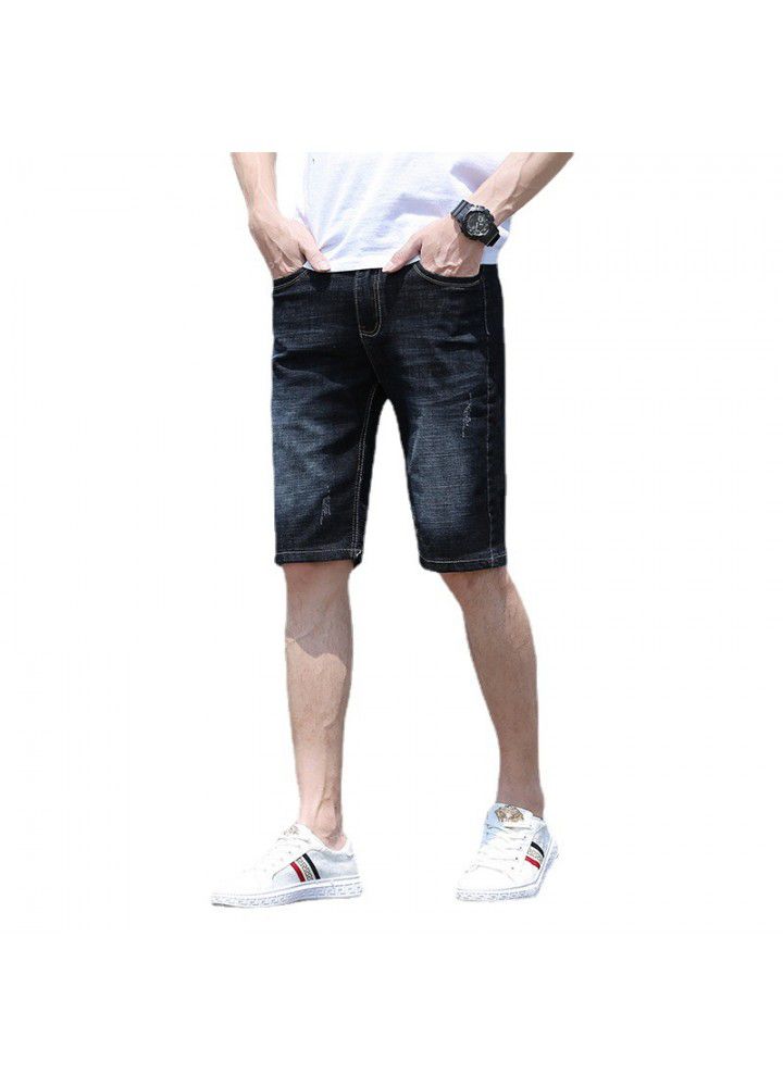 2021 summer cotton denim thin middle waist elastic washing foreign trade youth leisure spot wholesale men's Denim Shorts