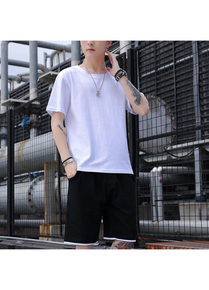 2021 summer short sleeve suit men's fashion brand pure color Xinjiang cotton loose T-Shirt Top short pants men's fashion