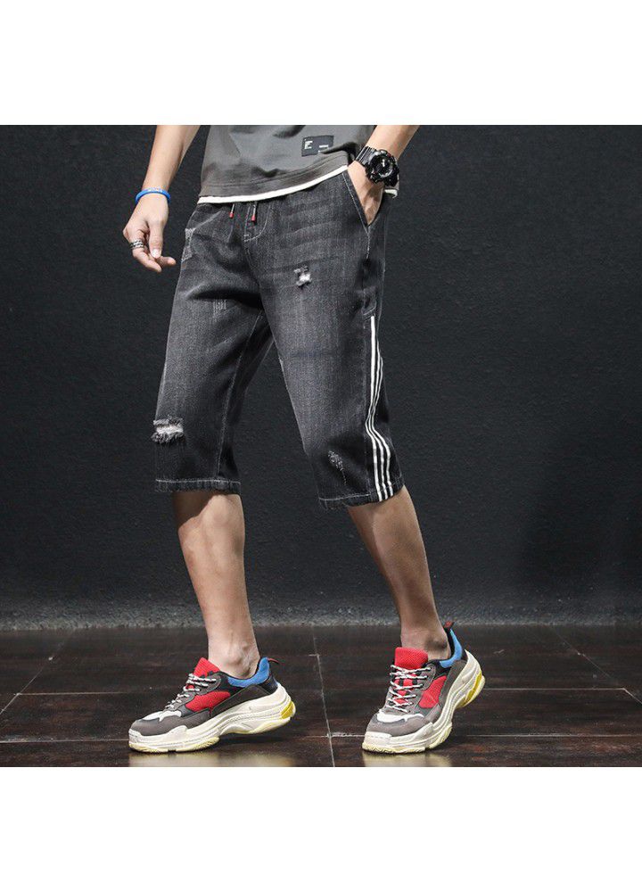 Summer denim shorts men's thin Capris Korean version hole casual wash youth trend foreign trade pants