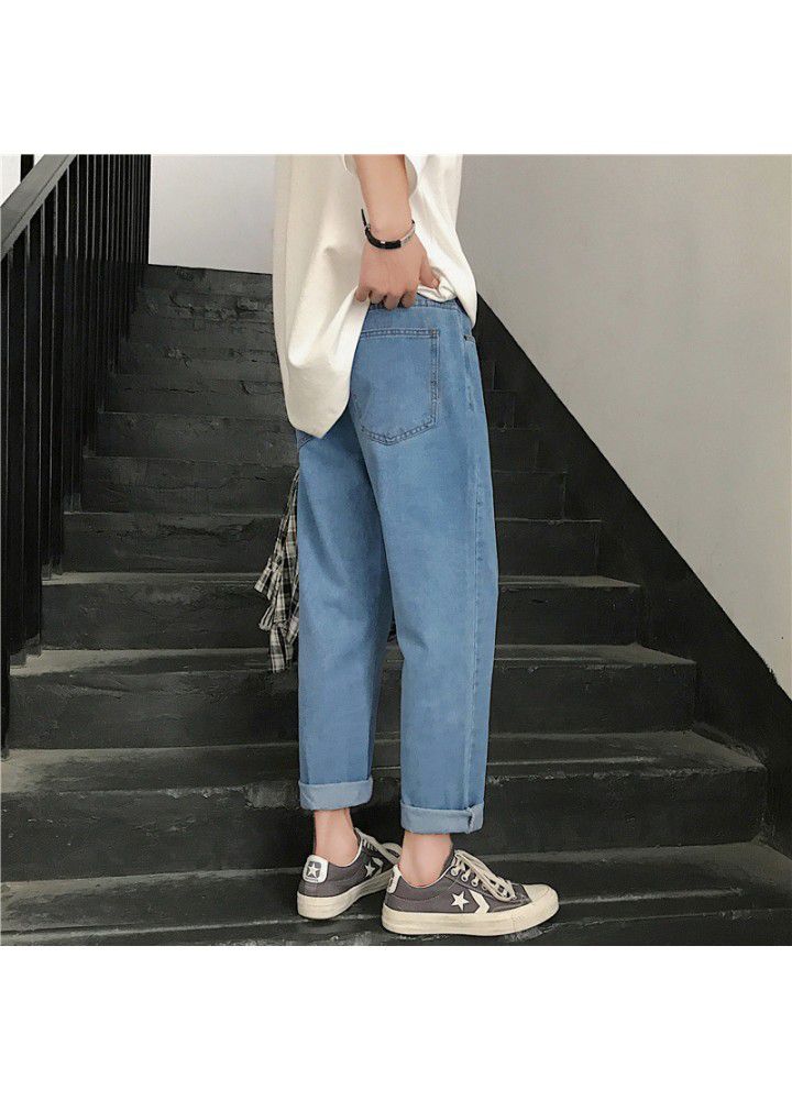 Hong Kong Style 9-point denim pants men's loose drop feeling straight tube wide leg Korean fashion summer thin daddy pants