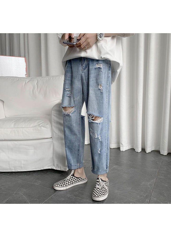 Net red perforated jeans men's Korean fashion loose straight jiufenchao pants summer thin