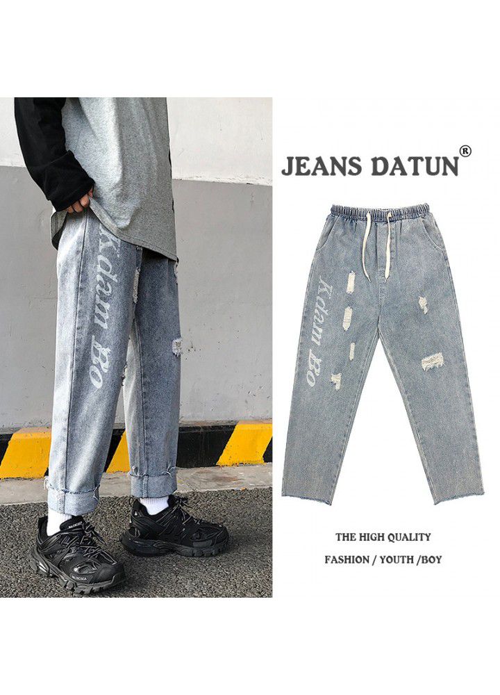 Autumn and winter new letter hole jeans Korean fashion brand casual Capris and trendy straight pants