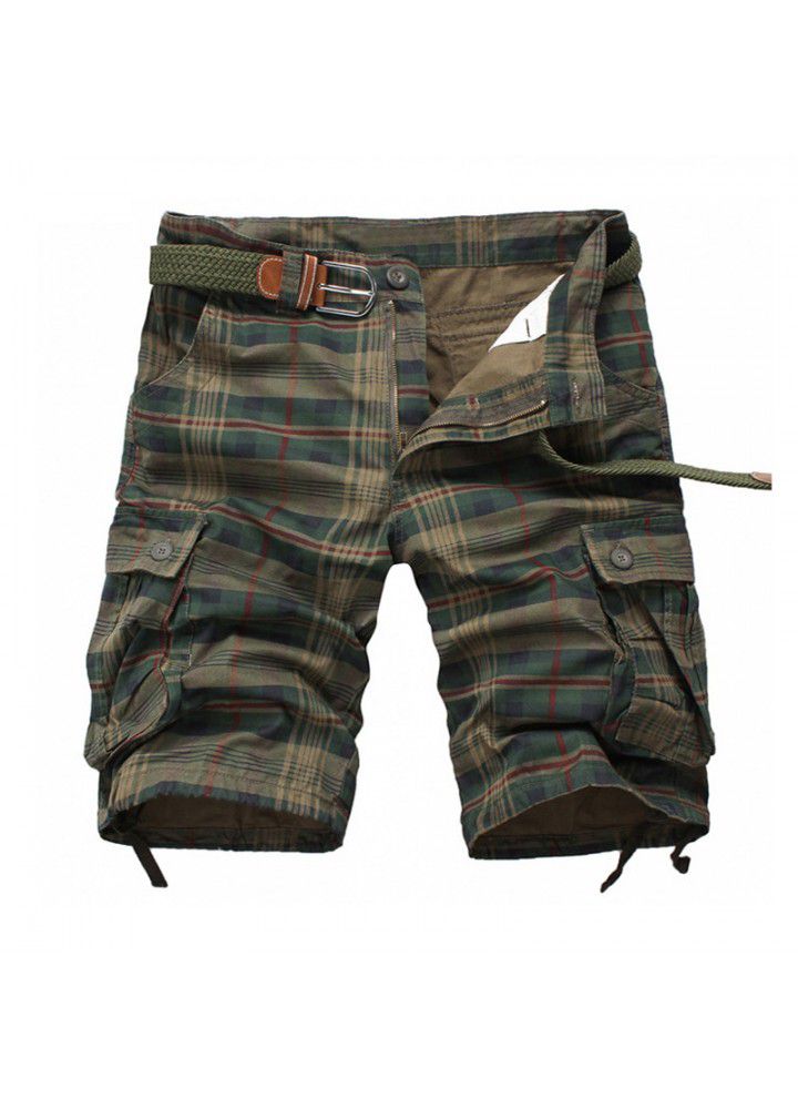 Amazon Europe and the United States hot selling loose Multi Pocket overalls check Capris European size medium Pants Large Men's pants