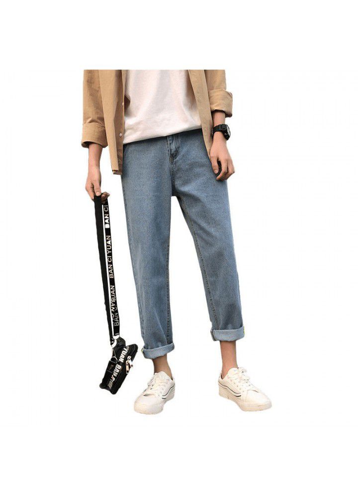 Foreign trade jeans for male students fashion brand spring and autumn retro Korean slim straight tube washing trend nine point pants for male students