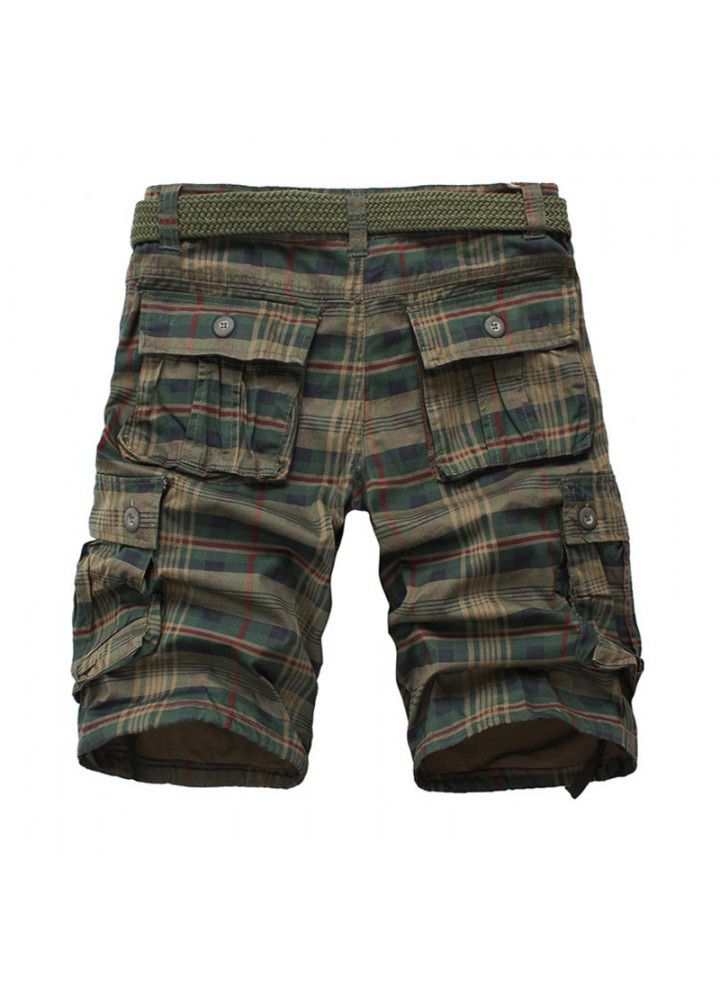 Amazon Europe and the United States hot selling loose Multi Pocket overalls check Capris European size medium Pants Large Men's pants