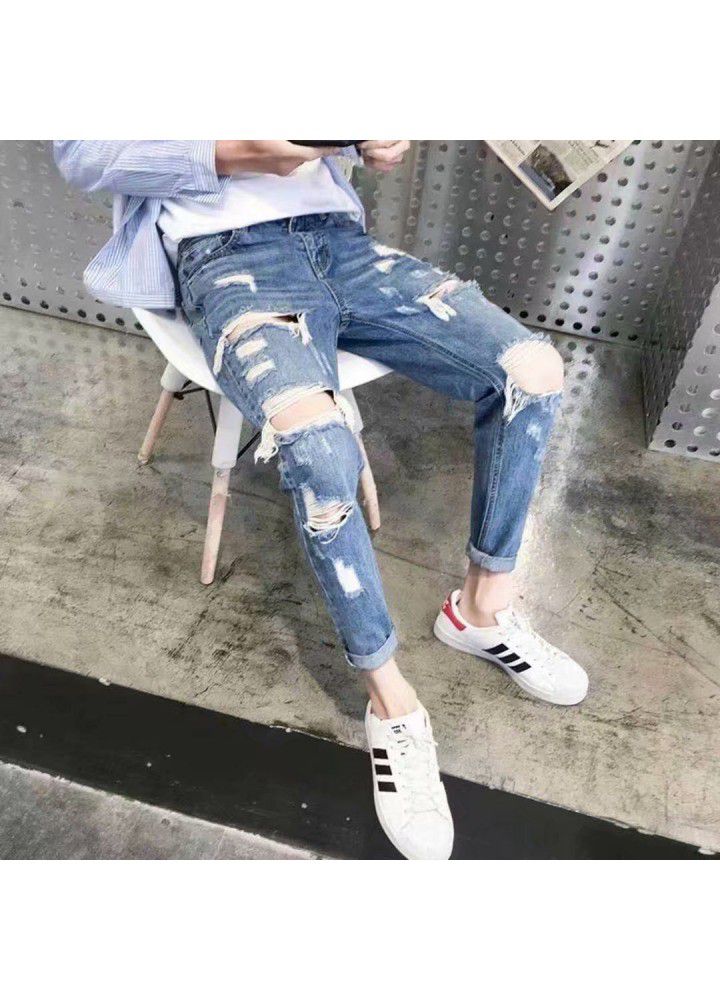 Net red pants men's Korean fashion holed jeans fashion brand loose summer small leg pants