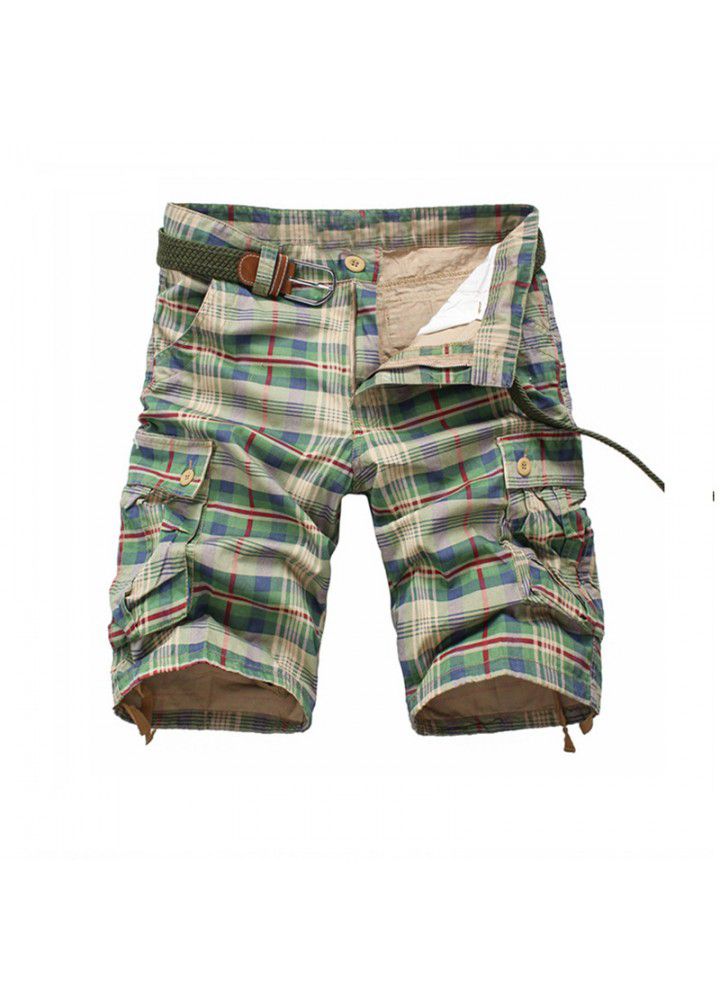 Amazon Europe and the United States hot selling loose Multi Pocket overalls check Capris European size medium Pants Large Men's pants