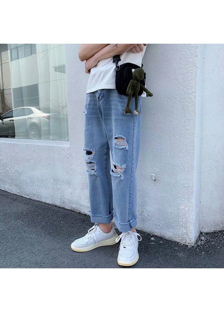 Ins student Harajuku style retro beggar hole hip hop jeans men's Hong Kong Style loose nine point straight pants