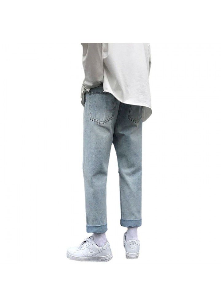 Net red nine point jeans men's ruffian handsome hole men's pants loose wide leg Korean fashion beggars straight pants