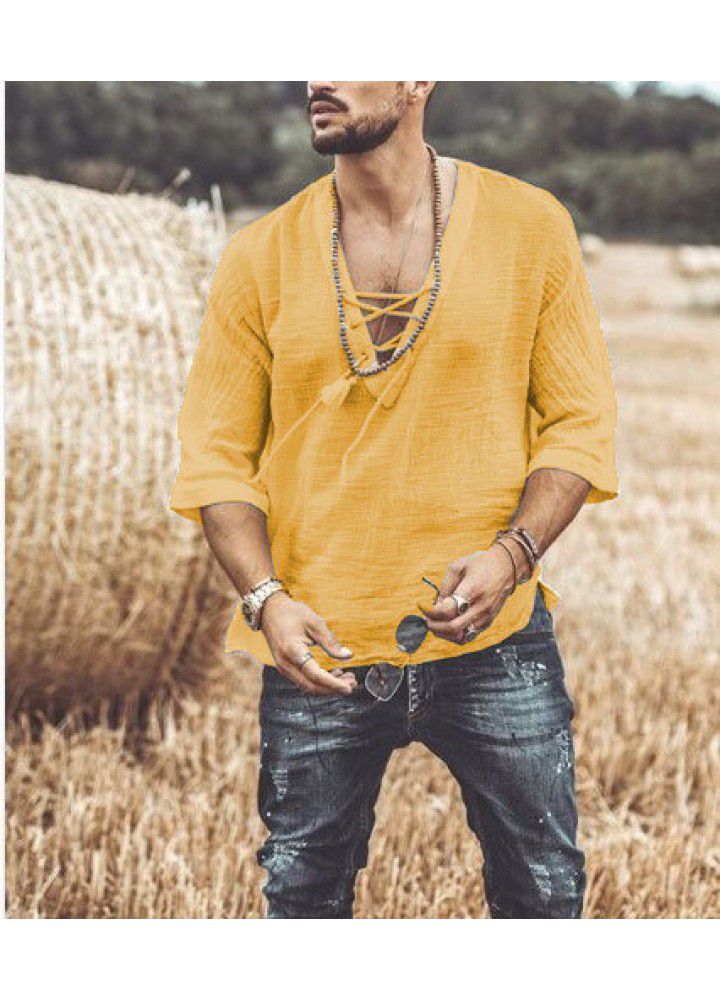 Spot 2021 new men's casual cotton and hemp shirt V-neck mid sleeve top