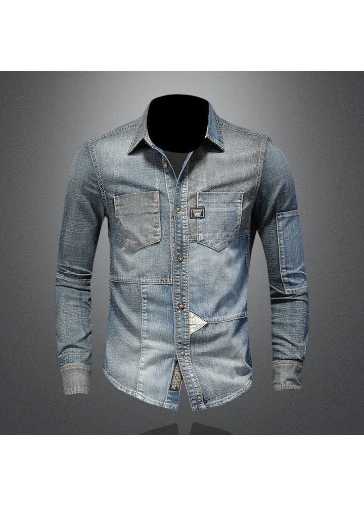 Cross border European style personalized splicing Lapel Denim Long Sleeve Shirt Men's high-end boutique denim shirt w61063