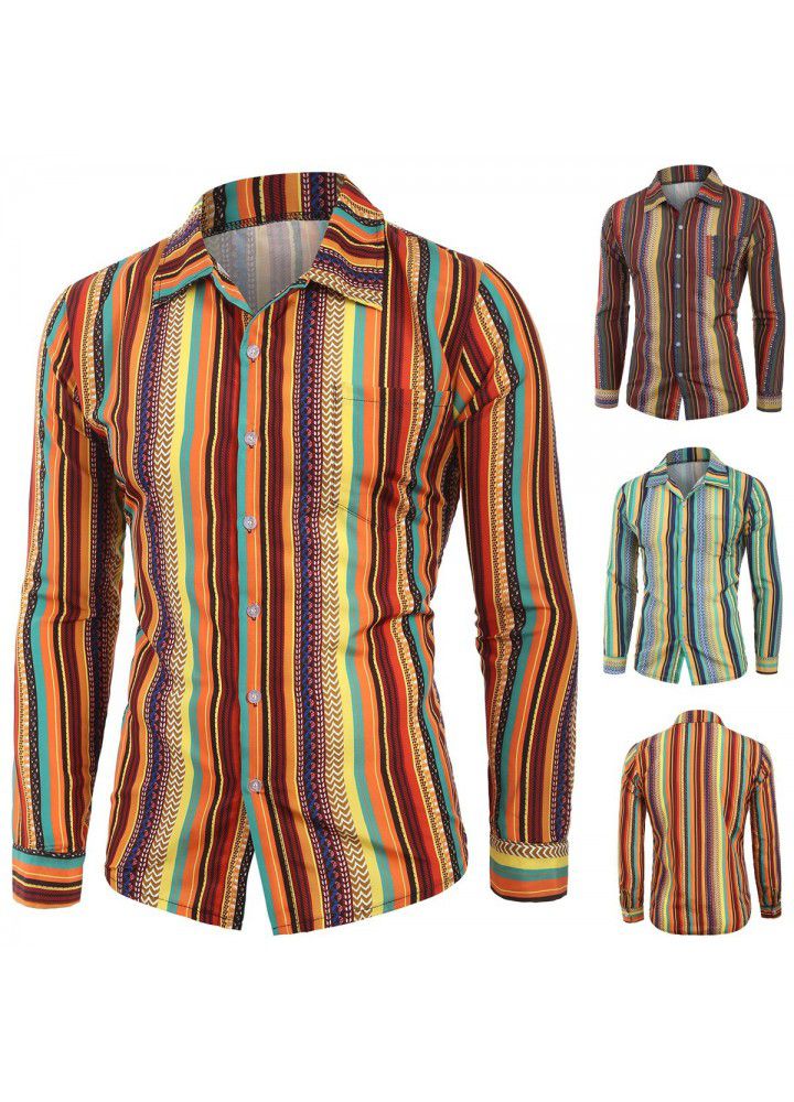 European Code 2019 summer European and American men's long sleeve shirt leisure digital printing T-shirt cardigan Long Sleeve Shirt