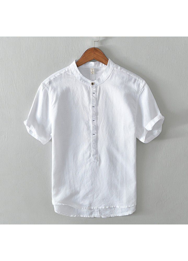 Spot 2021 new men's casual stand collar short sleeve cotton shirt popular in Europe and America